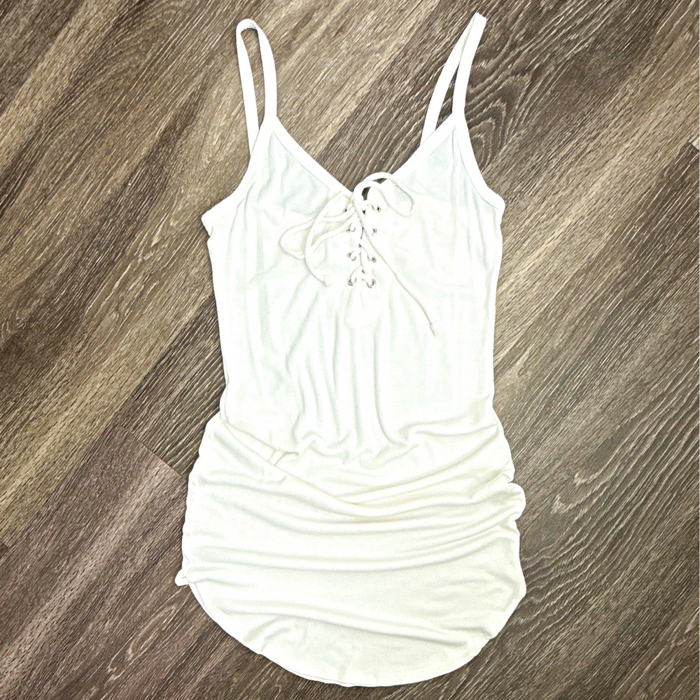 Fashion Nova White Ribbed Knit Lace Up V Neck Bodycon Mini Dress Y2K Baddie